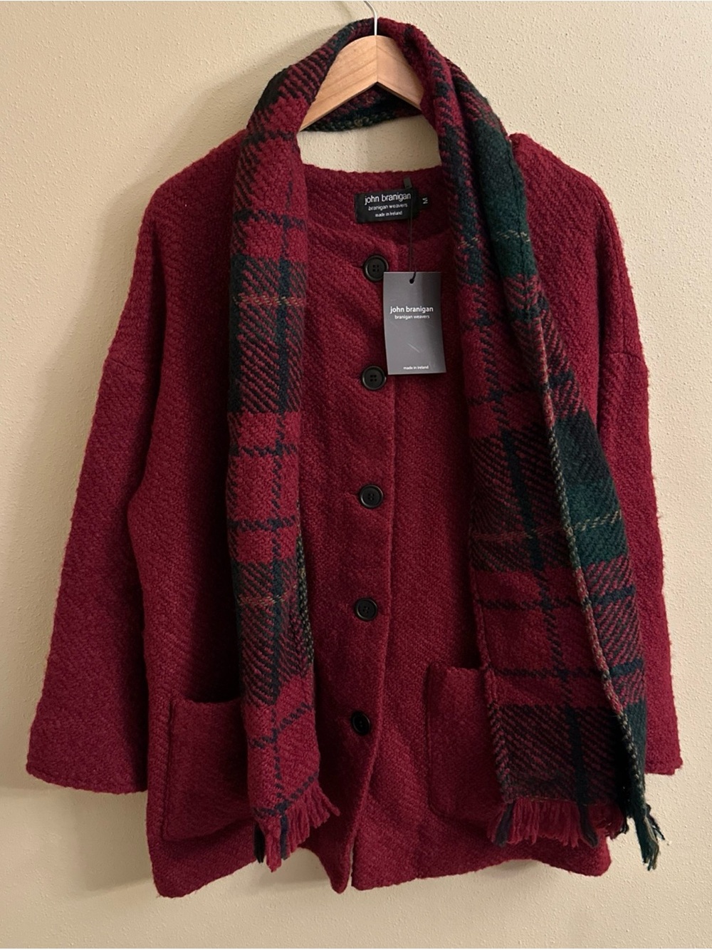 John Branigan Wool Blend Freda Coat & Scarf Size Medium Color Wine Ireland NEW